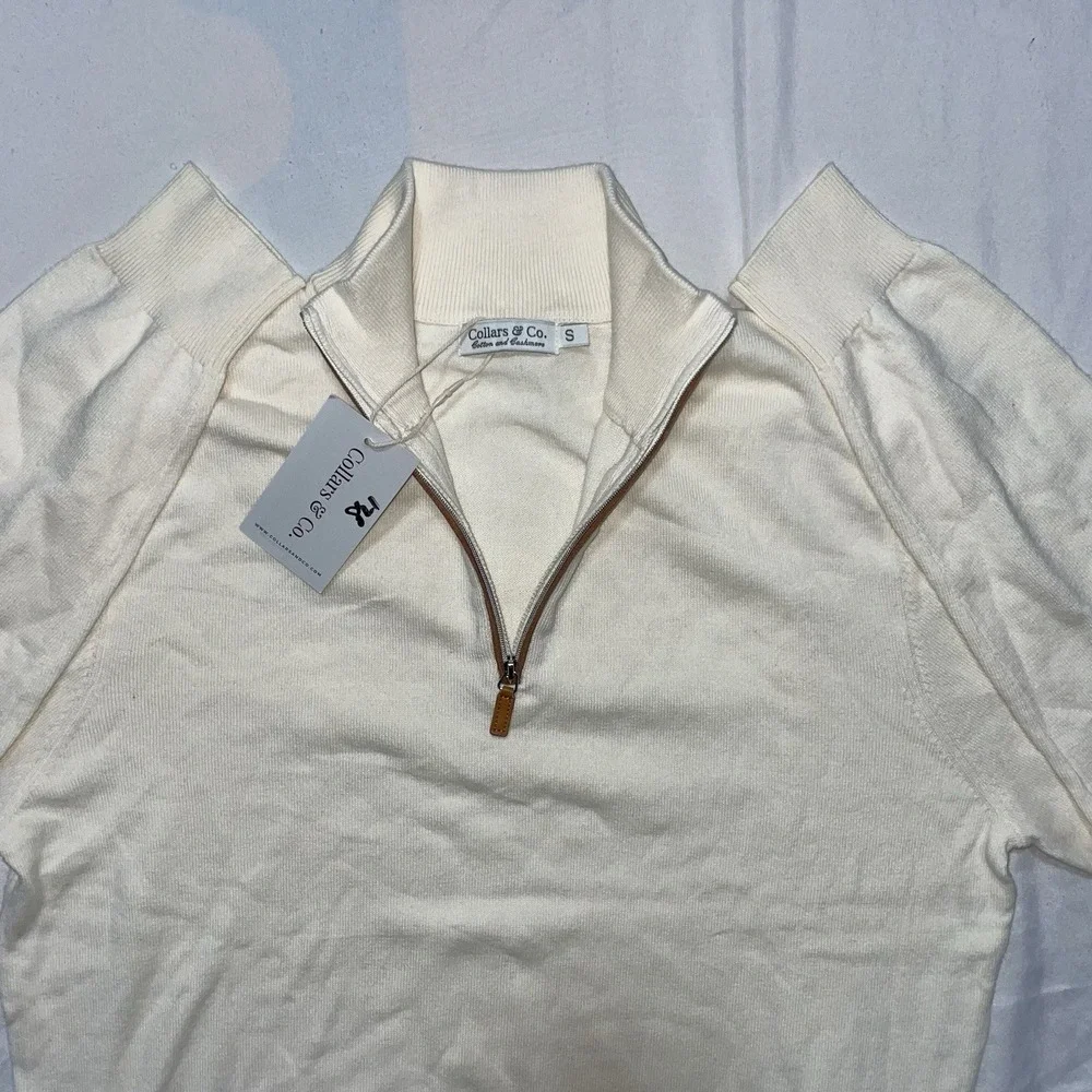 Collars & Co Luxury Touch Cotton Cashmere Quarter Zip Sweater Cream Mens S